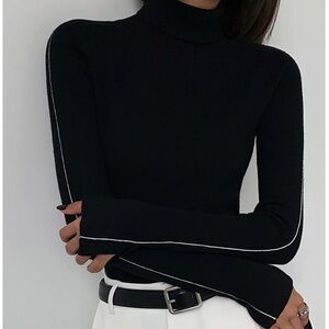Commense Black Contrast Piping Turtleneck Sweater